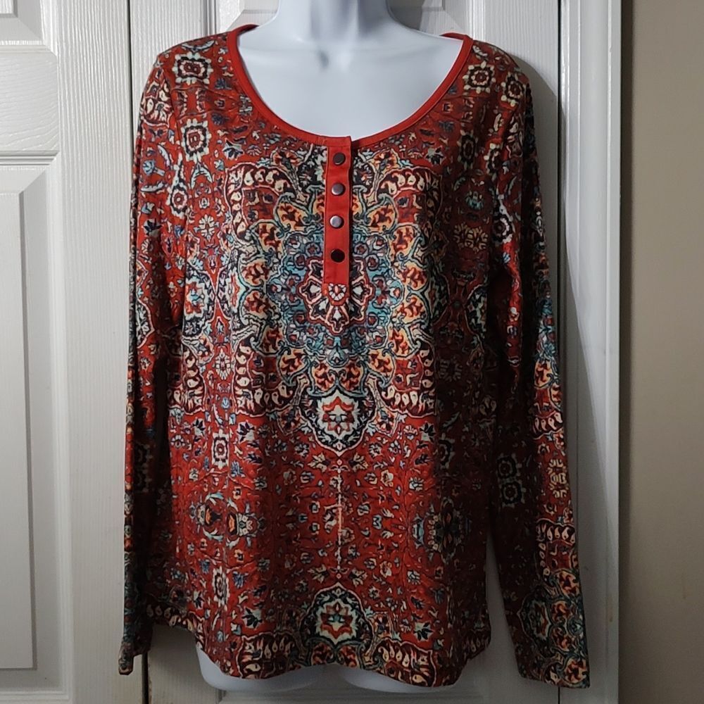 Rustic Brown boho hippie  long sleeve print top  Sz M  NWT